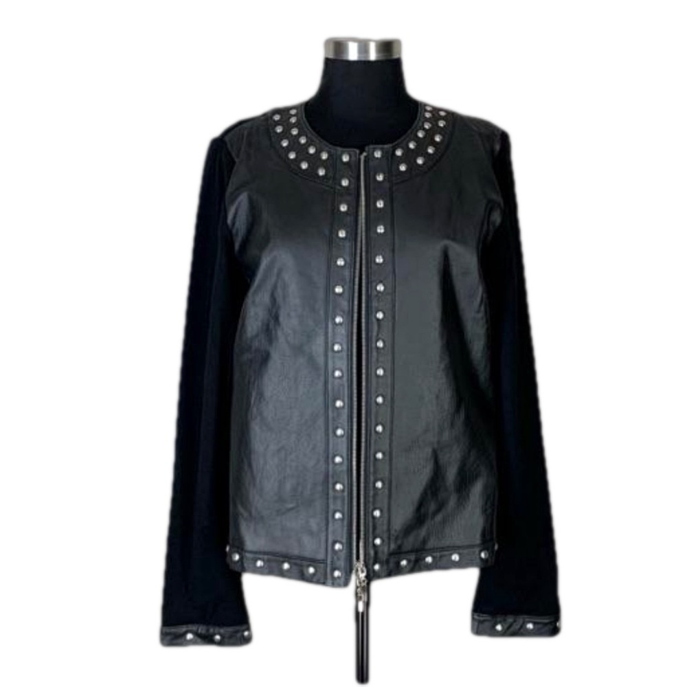 Caprice Y2K Leather Combo Studded Moto Jacket Double Zip Grunge Goth L Black